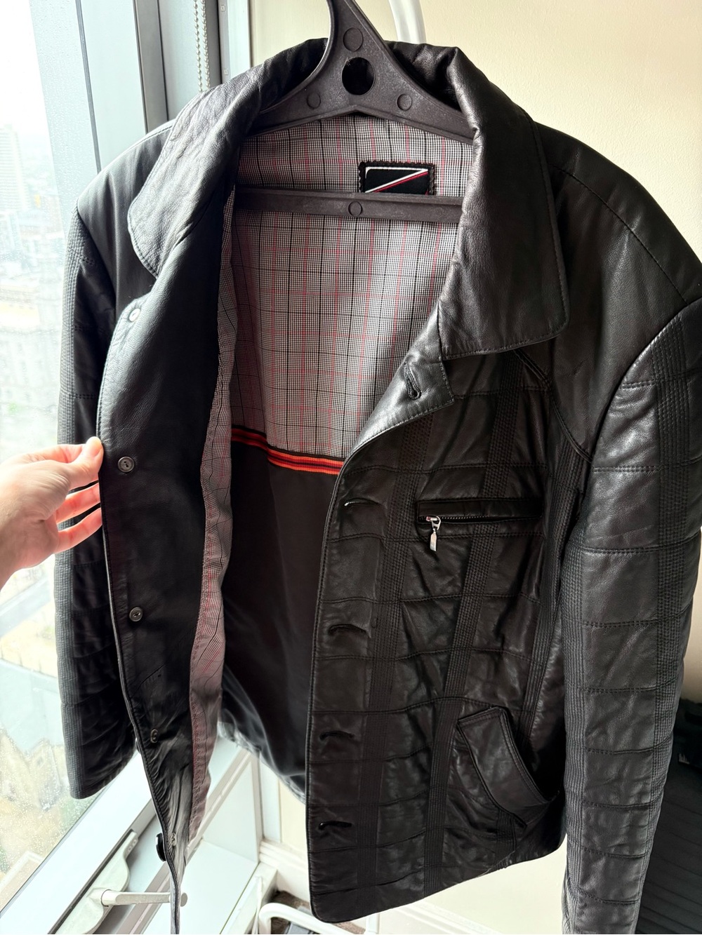 Men's Black Leather Pea Coat - Classic Quilted Design